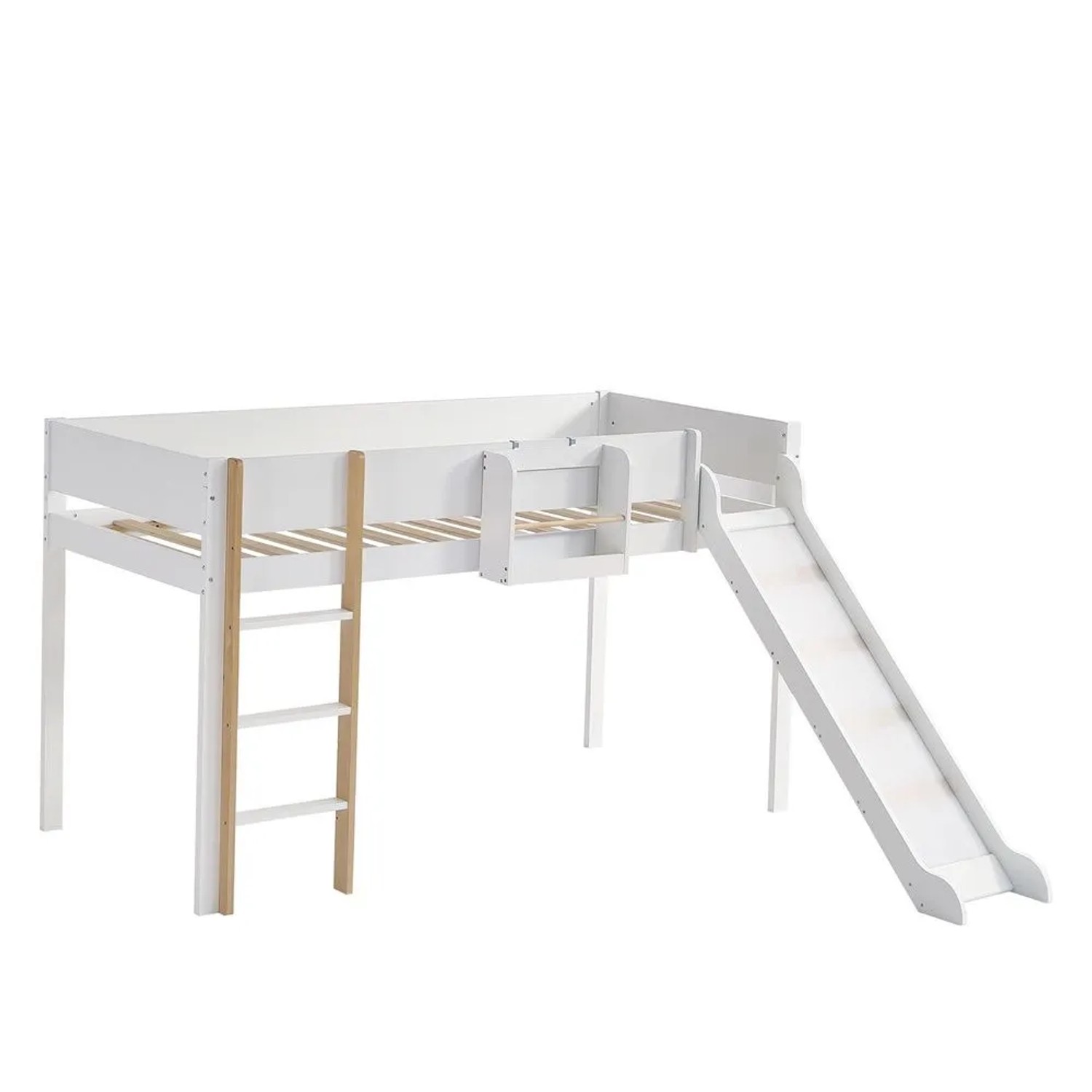 KOMHTOM Hochbett 90x200Cm Etagenbett Mit Dreistufiger Gerader Leiter Kinderbett Jugendbett Mit Rutsche Und Abnehmbarem Regal Weiß+Natur