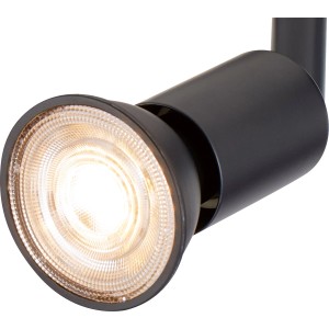 Nahaufnahme: Schwarze GU10 LED Lampe mit warmweißem Licht.