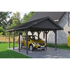 Satteldach-Carport Wallgau in Schiefergrau mit schwarzen Schindeln und Auto.