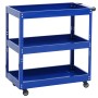 Blauer PROREGAL Werkzeugwagen mit 3 Ladeflächen, Handgriff und Rollen.
