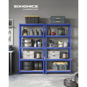 Blaues Songmics Lagerregal (40x90x180 cm) mit fünf Ebenen, beladen mit Werkzeugen und Zubehör.