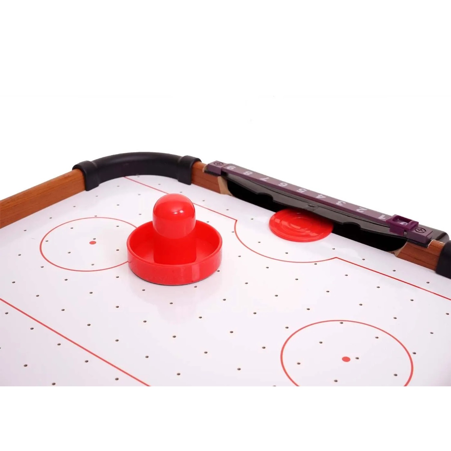 MCW Mini Air Hockey Tisch aus Holz mit rotem Schläger und Puck, integriertem Punktezähler. Für rasante Spiele.