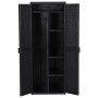 Schwarzer vidaXL Gartenschrank (65x45x172 cm) aus PP-Rattan mit offenen Türen und Regalfächern.