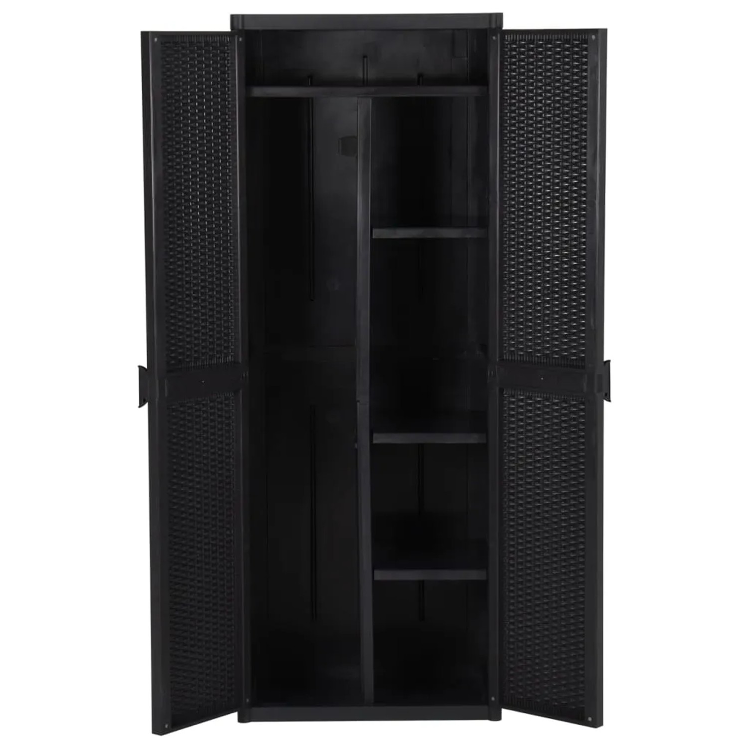 Schwarzer vidaXL Gartenschrank (65x45x172 cm) aus PP-Rattan mit offenen Türen und Regalfächern.