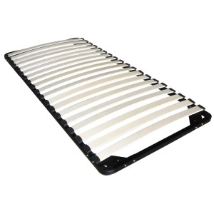 Lattenrost Zeus 90x200 cm mit hellen, leicht gebogenen Holzlatten und schwarzem Rahmen.