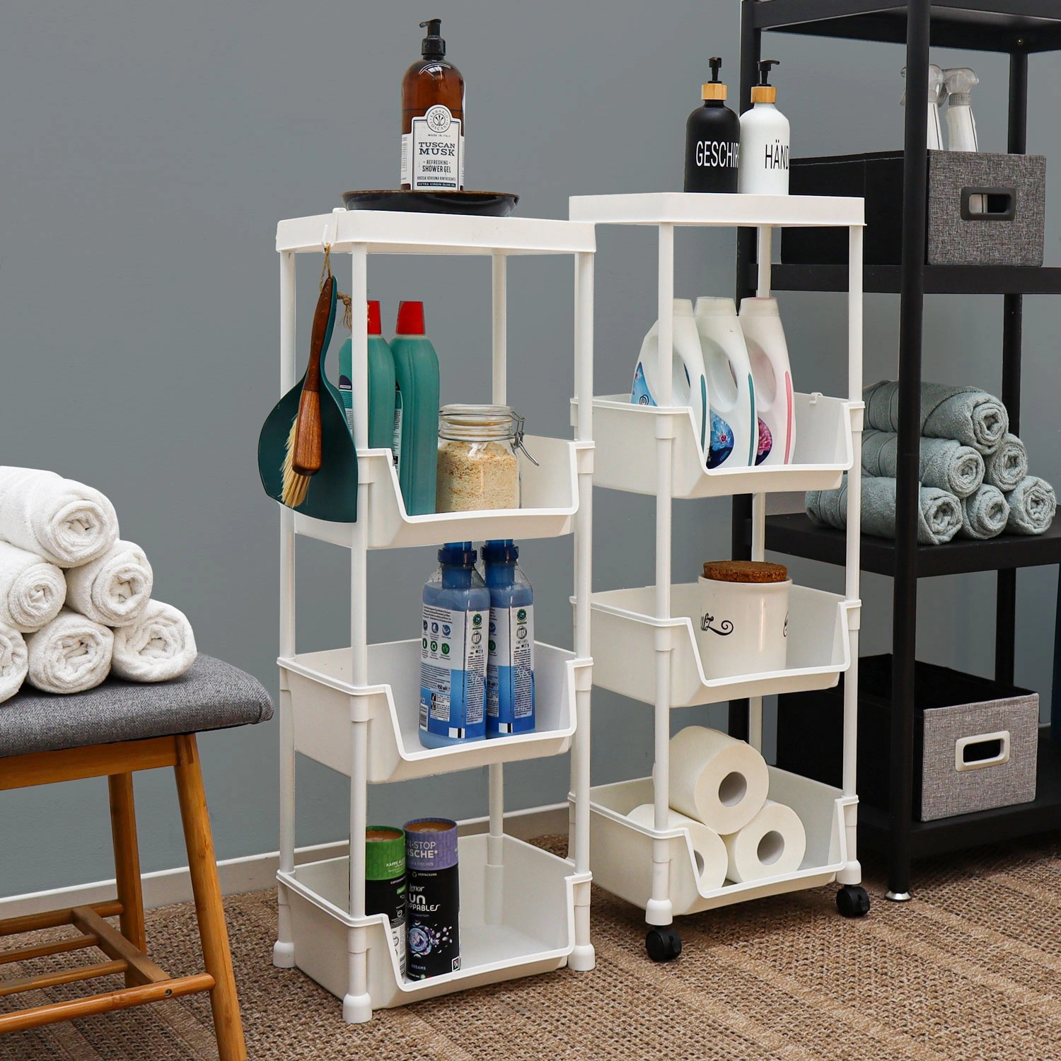 Weißer MAKLIK Küchenrollwagen mit 3 Körben (35x24x100 cm) für Küche und Bad.