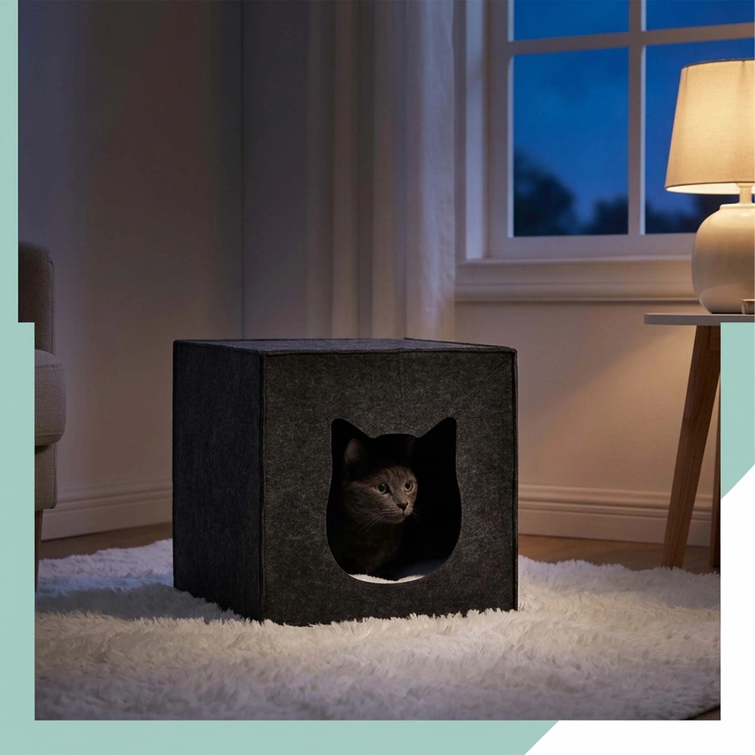 Dunkelgraue Filz Katzenhöhle mit Katzenkopf-Eingang und Katze darin. Gemütlicher Rückzugsort für Katzen.