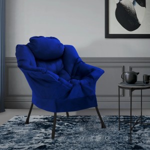 Dunkelblauer ML-Design Relaxsessel mit Kopfkissen und Seitentasche im Wohnzimmer.