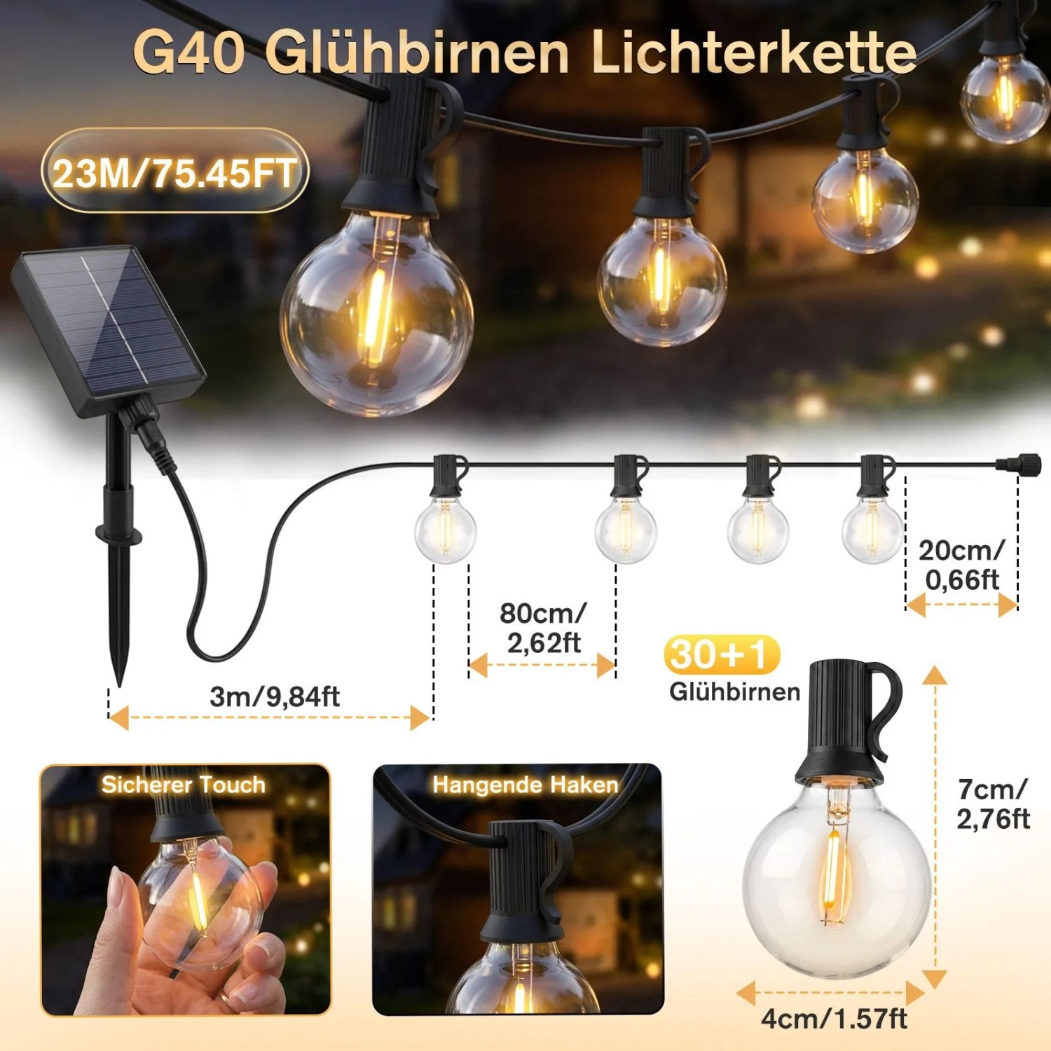 Salcar 23m Solar G40 LED Lichterkette mit warmweißen Glühbirnen, Erdspieß und Haken für Außenbeleuchtung.
