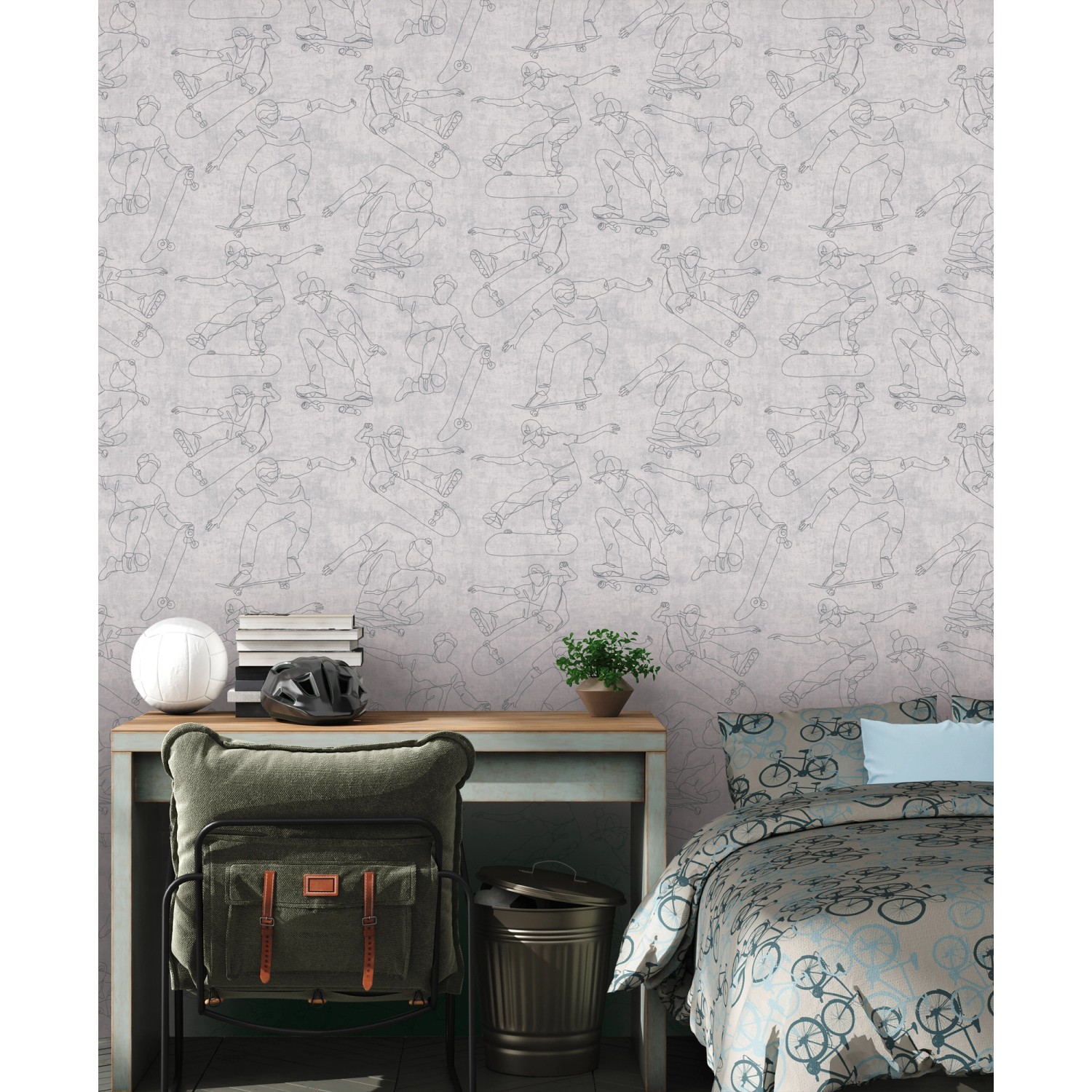 Graue Vliestapete mit Skateboard-Motiv von A.S. Creation, passend für Jugendzimmer.