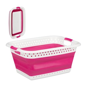 Pink-weißer faltbarer Wäschekorb aus Kunststoff, offen und zusammengeklappt. Ideal für Waschen & Trocknen.