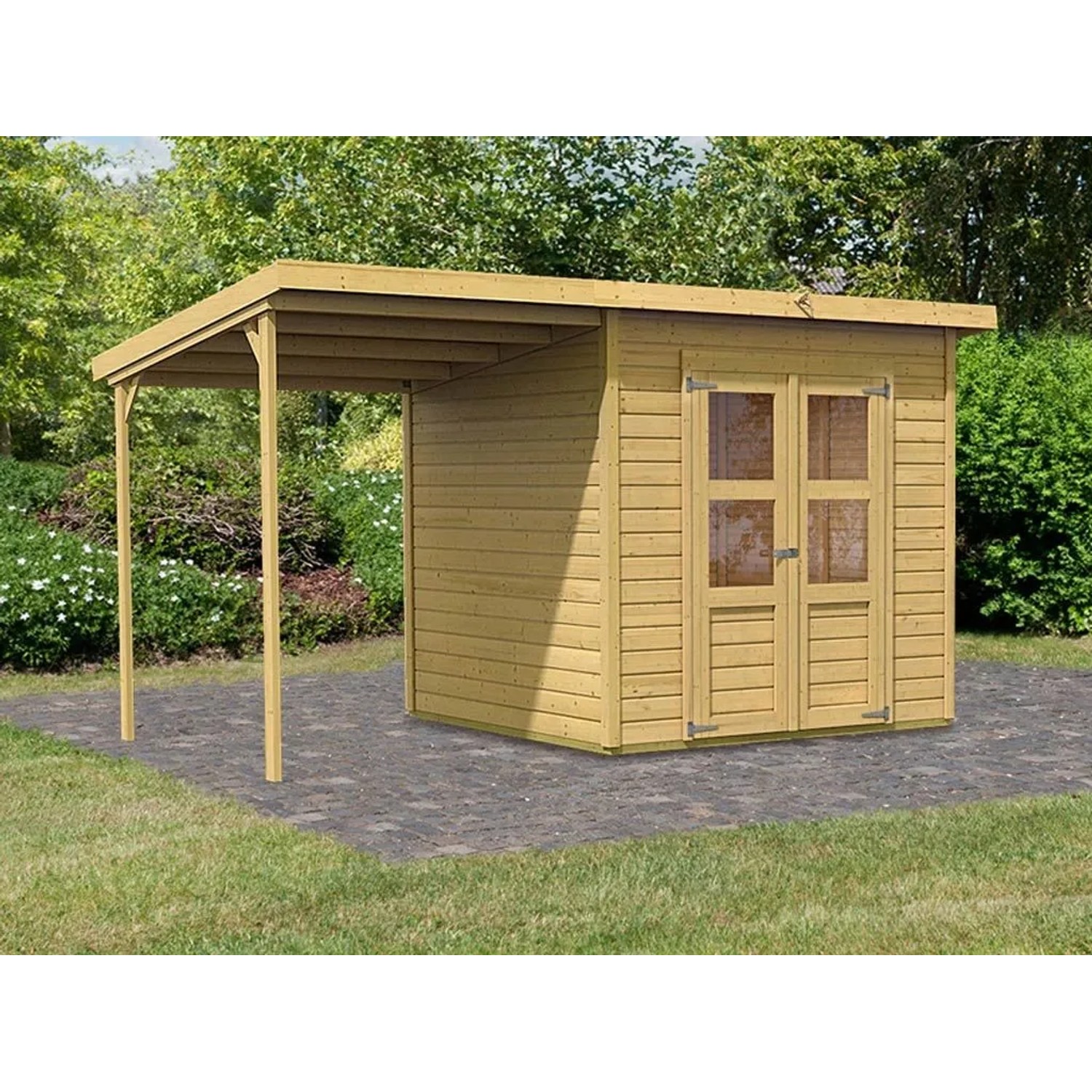 Karibu Gartenhaus Merseburg 14 mm Wandstärke BxTxH 390 x 236 x 220 cm inkl. Anbaudach Natur