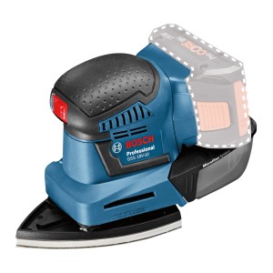Bosch Professional GSS 18V-10 Akku-Schwingschleifer in Blau mit Microfilterbox.