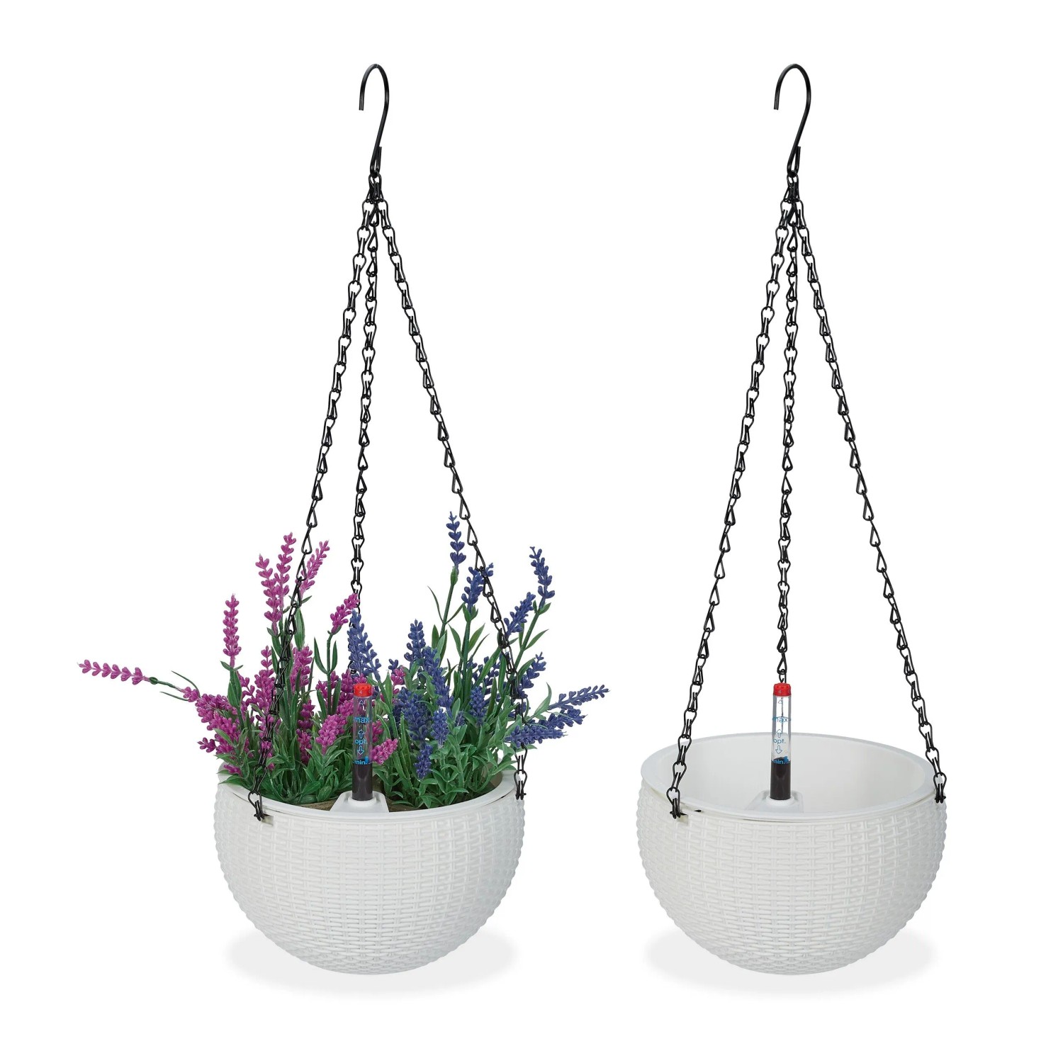 Relaxdays Blumenampel Kunststoff Eisen Weiß Schwarz 2er Set Wasserspeicher Wasserstandsanzeige 54 cm x ø 18,5 cm 0,32 kg