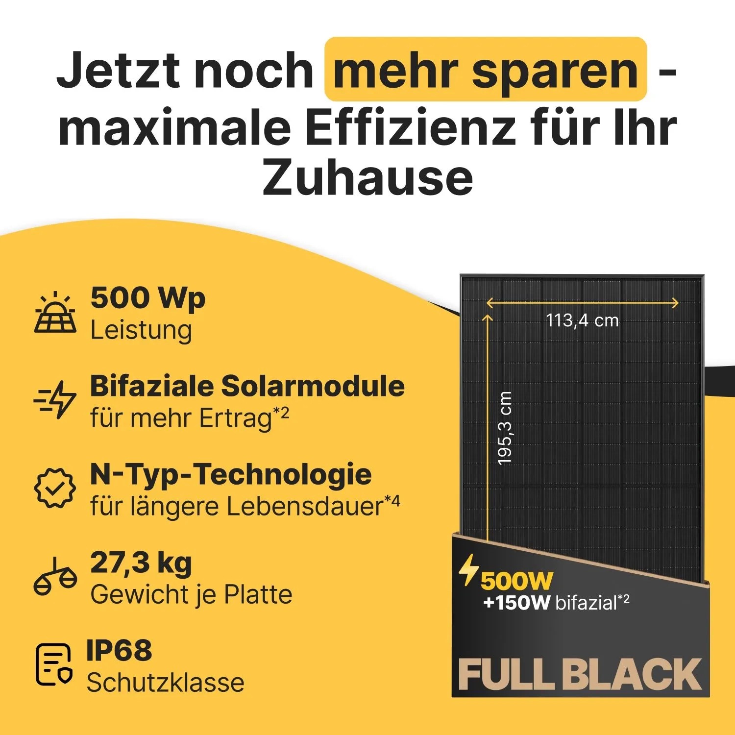 Solakon 500W Full Black PV Modul. Infografik mit Maßen, 500Wp Leistung, bifazialer N-Type Technologie, IP68 Schutzklasse.