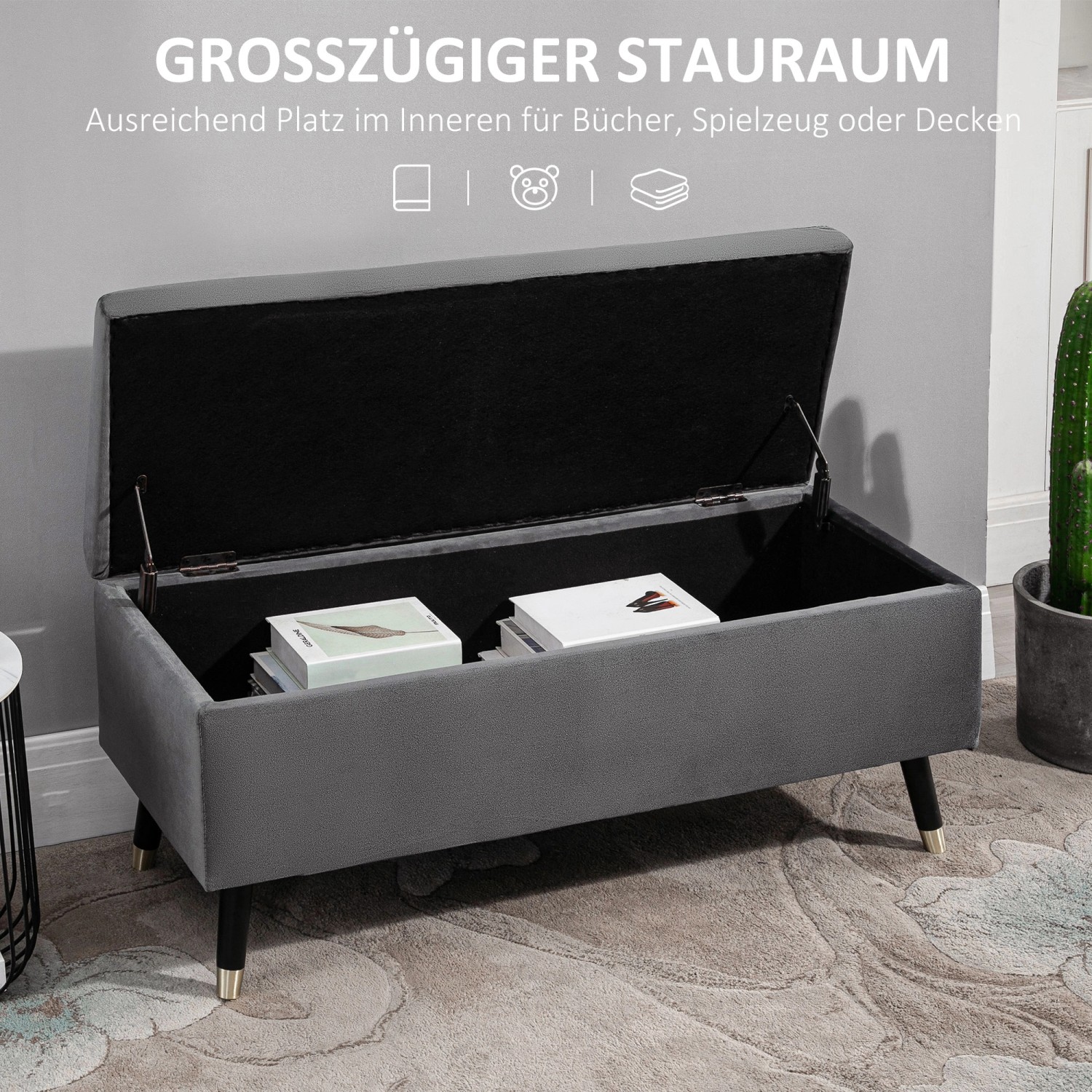 Offene, graue HOMCOM Sitzbank mit Stauraum, Bücher liegen im Inneren.