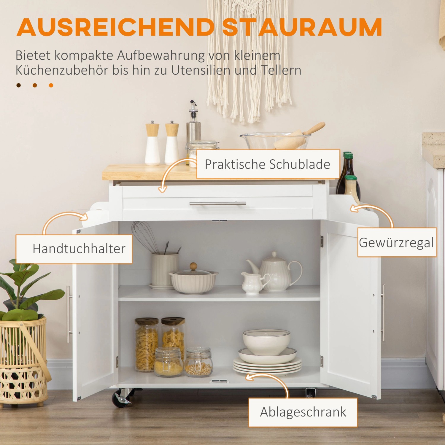 Weißer HOMCOM Küchenwagen mit Holzplatte, Schublade, Regal und Gewürzregal. Mobil und praktisch.