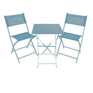 Türkisfarbenes 3er Balkonmöbel Set, klappbar, bestehend aus Tisch und zwei Stühlen.