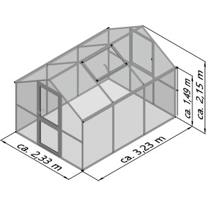 Abbildung des KGT Gewächshauses Rose in Anthrazitgrau, 7,53 m², mit Maßangaben.