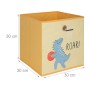 Gelbe Kinder Faltbox mit blauem Dinosaurier, der Basketball spielt. Ideal für Spielzeug, 30x30x30 cm.