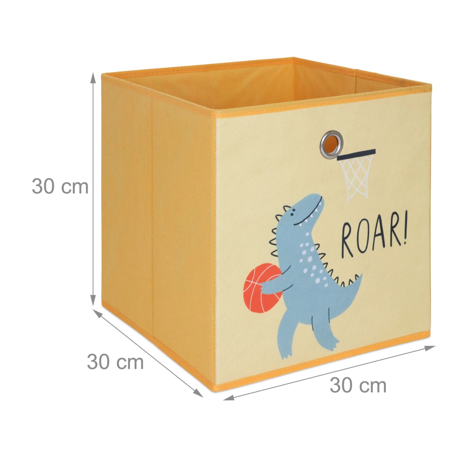 Gelbe Kinder Faltbox mit blauem Dinosaurier, der Basketball spielt. Ideal für Spielzeug, 30x30x30 cm.