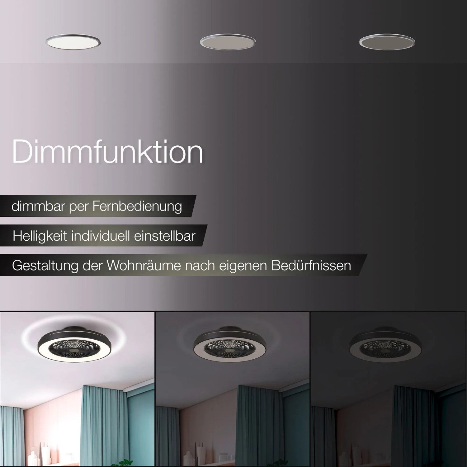 Brilliant LED-Deckenleuchte Mazzaro mit Ventilator, dimmbar, verschiedene Helligkeiten.