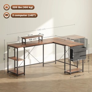 L-förmiger Schreibtisch, rustikal-braun, mit Ablagen und Monitorerhöhung. Ideal für Büro oder Gaming.