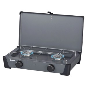 Enders Campingkocher Bondy 2 mit zwei Brennern und blauem Gasflammenbild.