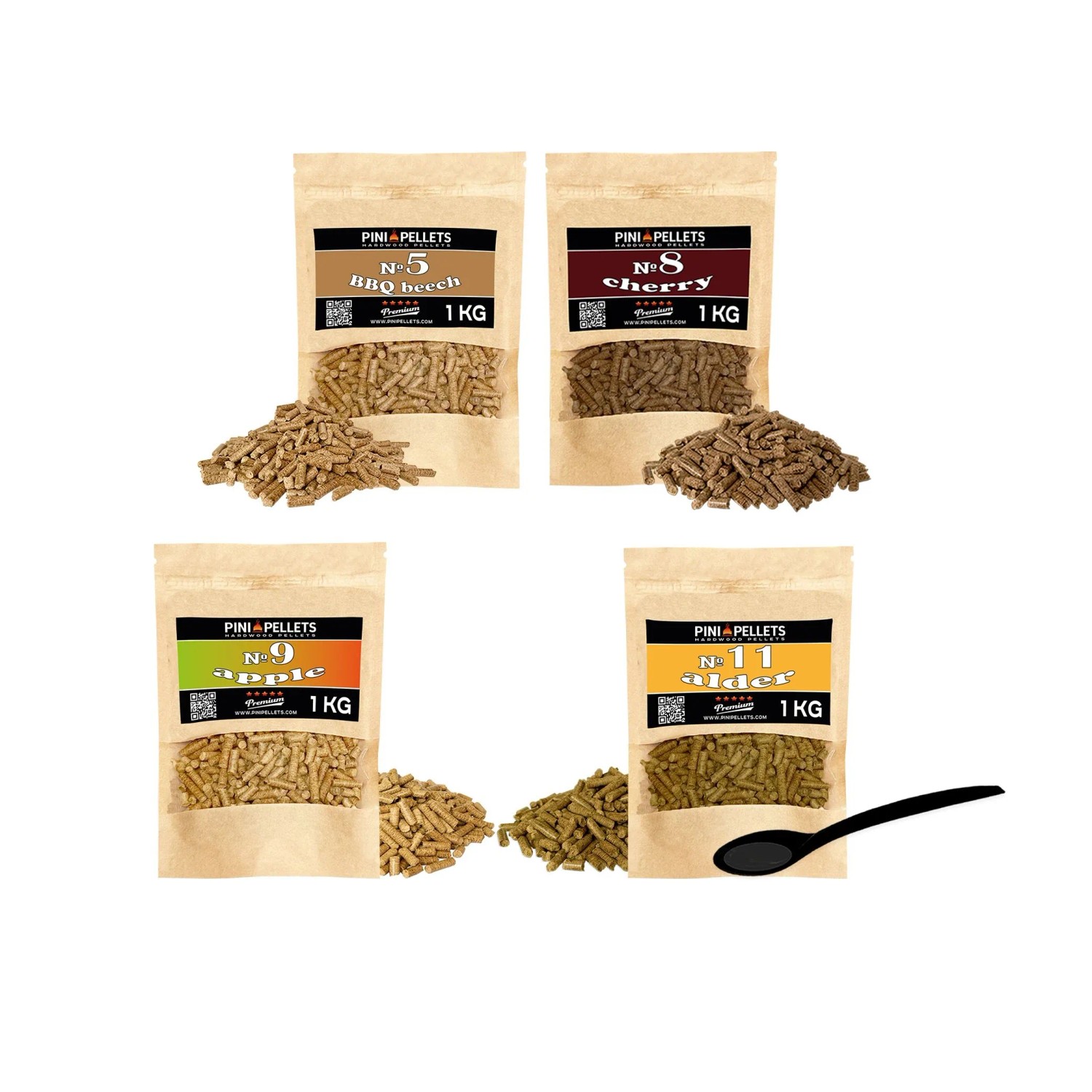 PINI Naturholzpellets Set 4x1 kg für Smoker & Räucherofen aus 4 Sorten, Buche Nr 5, Kirsche Nr 8, Apfel Nr 9, Erle Nr 11, Natürliches Raucharoma