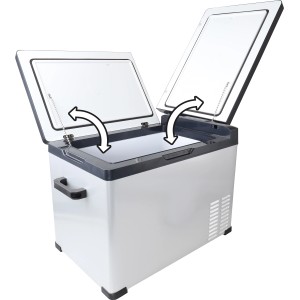 Cross Tools Icebox 40 Kompressor-Kühlbox mit geöffnetem Dual-Opening Deckel.