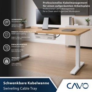 Weiße SOTECH CAVO Kabelwanne schwenkbar unter Schreibtisch. Professionelles Kabelmanagement für Büro & Homeoffice.