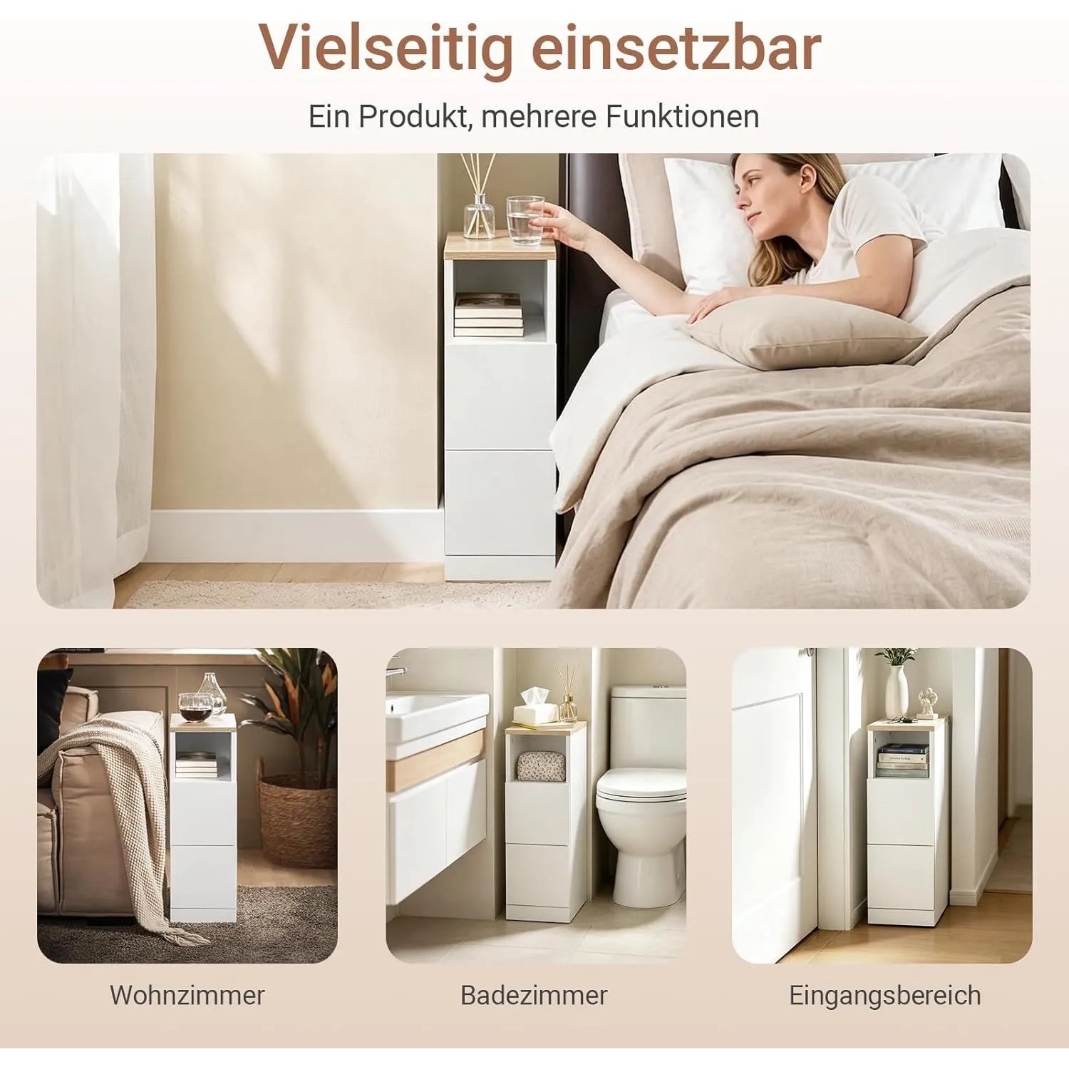 Schmaler weißer Nachttisch mit Holzplatte, 2 Schubladen, offenem Fach. Vielseitig als Nischenschrank in Schlafzimmer, Bad, Wohnzimmer.
