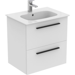 Ideal Standard i.life A Waschtisch-Paket, 60 cm, Weiß mit Unterschrank und schwarzen Griffen.