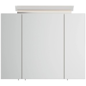 Weißer Posseik Spiegelschrank 80 cm mit 3 Spiegeltüren, Hochglanz-Korpus und integrierter LED-Lampe.