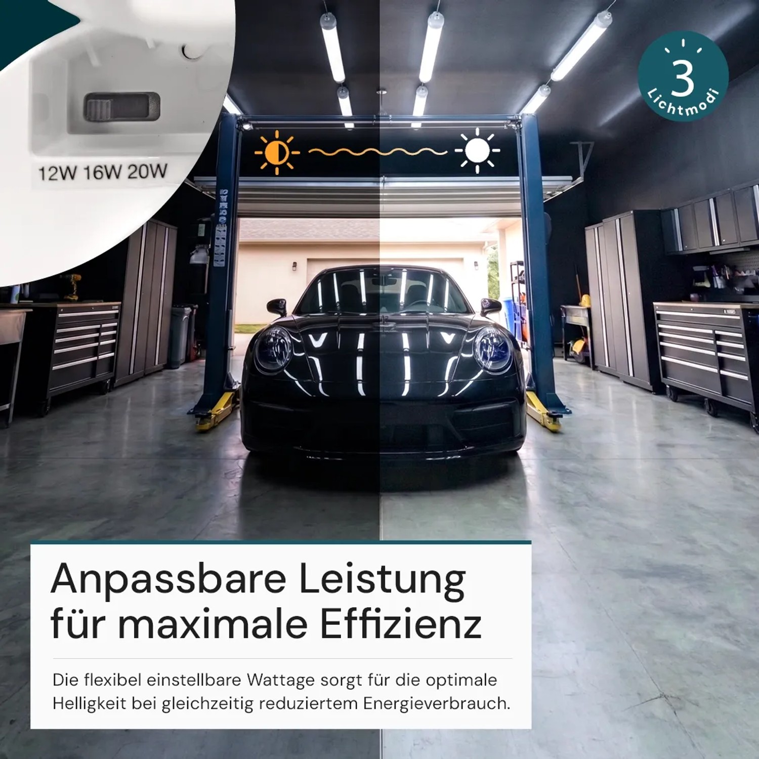 LUXULA LED Feuchtraumleuchte in Garage, zeigt einstellbare Leistung (12-20W) und 3 Lichtfarben. Ideal für Werkstatt.