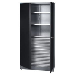 Küpper Materialschrank, 180 cm hoch, schwarz, mit 2 Türen, 3 Einlegeböden und 10 Schubladen.