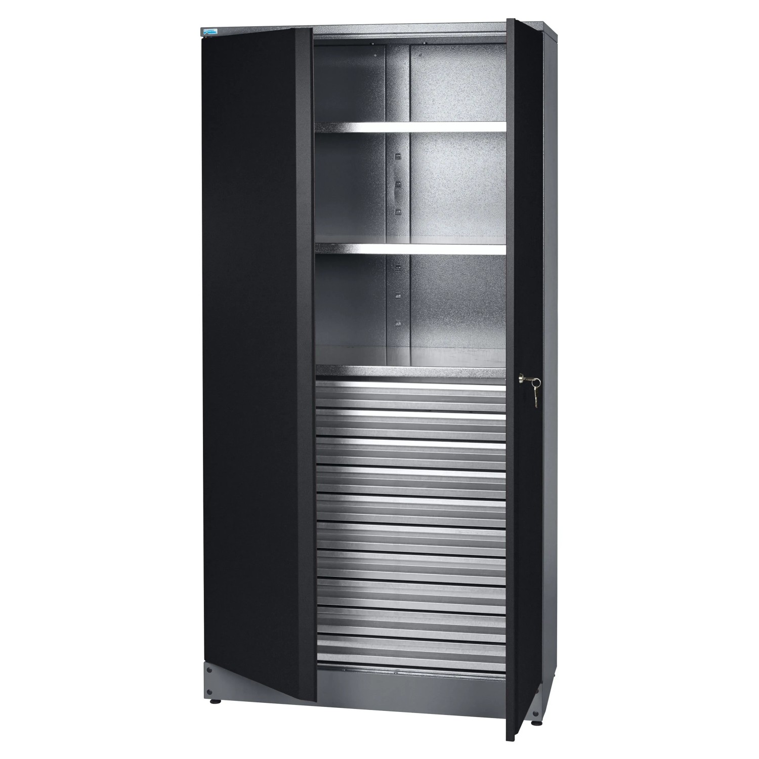 Küpper Materialschrank, 180 cm hoch, schwarz, mit 2 Türen, 3 Einlegeböden und 10 Schubladen.