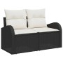 Schwarzes 6-tlg. vidaXL Garten-Sofa-Set aus Poly Rattan mit hellen Kissen.