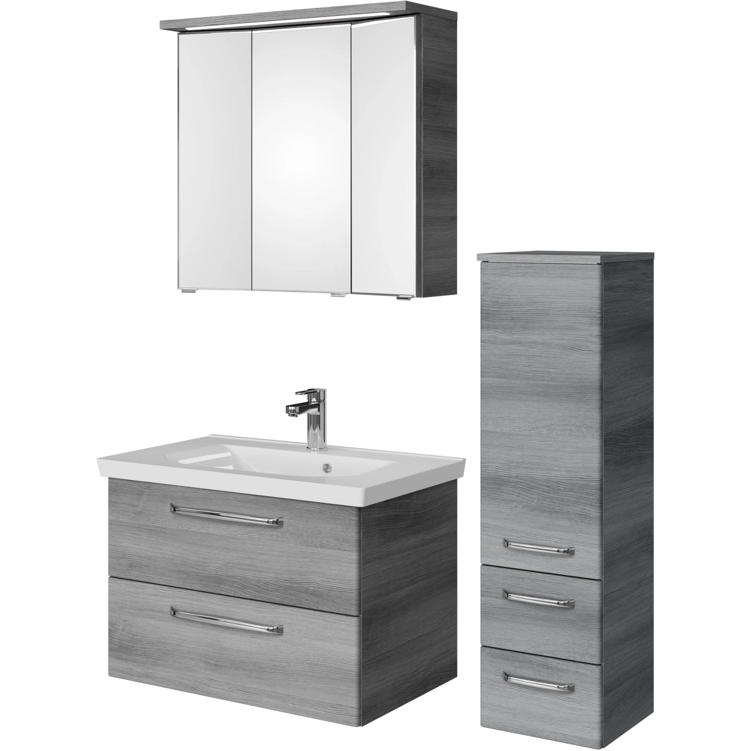 Pelipal Badmöbel-Set Trentino in Graphit mit Spiegelschrank, Waschtisch und Midischrank.