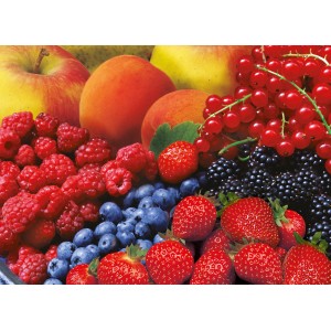 Früchte-Mix: Äpfel, Pfirsiche, Himbeeren, Erdbeeren, Blaubeeren, Johannisbeeren und Brombeeren. Hauert Beerendünger.