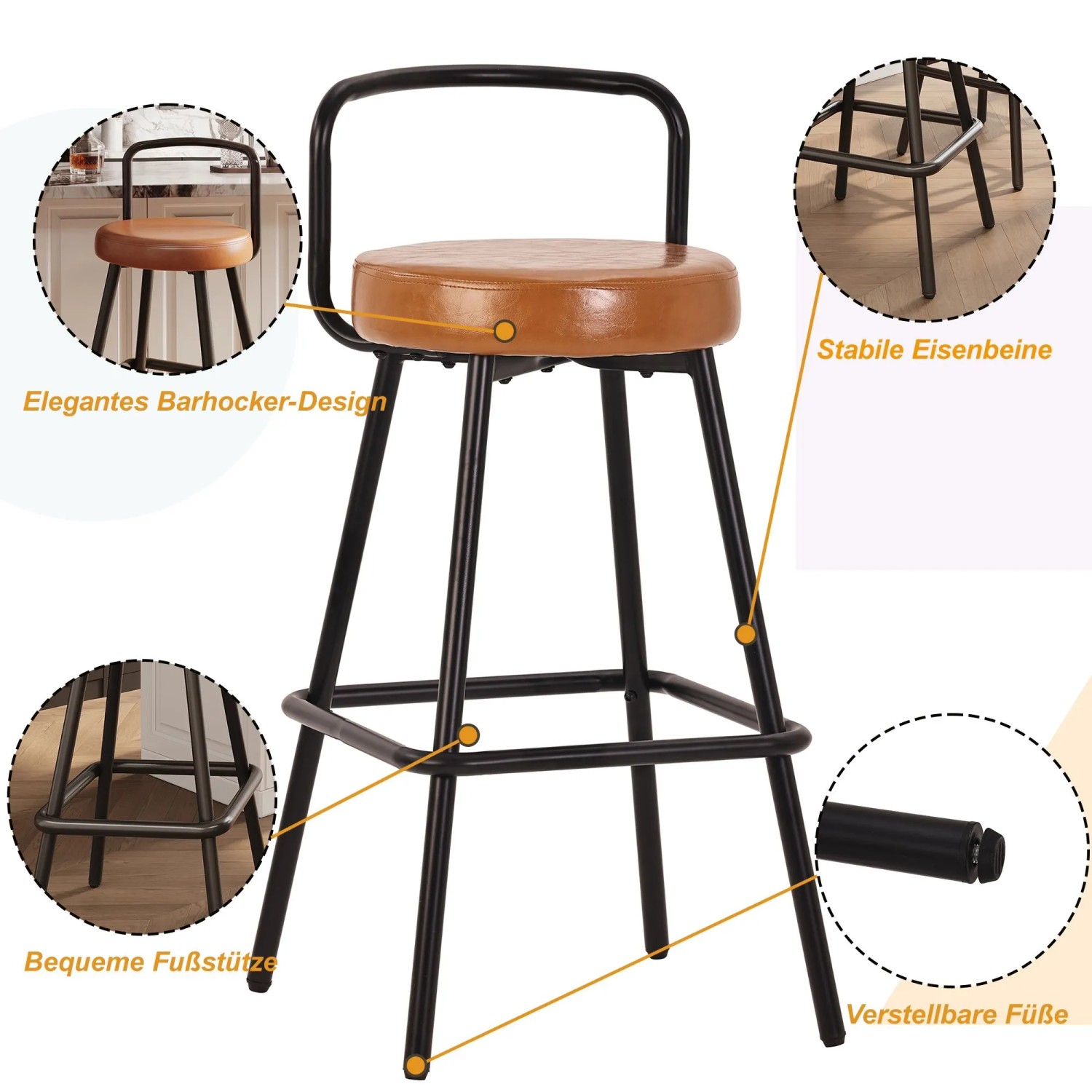 Brauner Barhocker mit gepolstertem Sitz, schwarzem Metallgestell, Fußstütze und verstellbaren Füßen. Teil eines Bartisch-Sets.