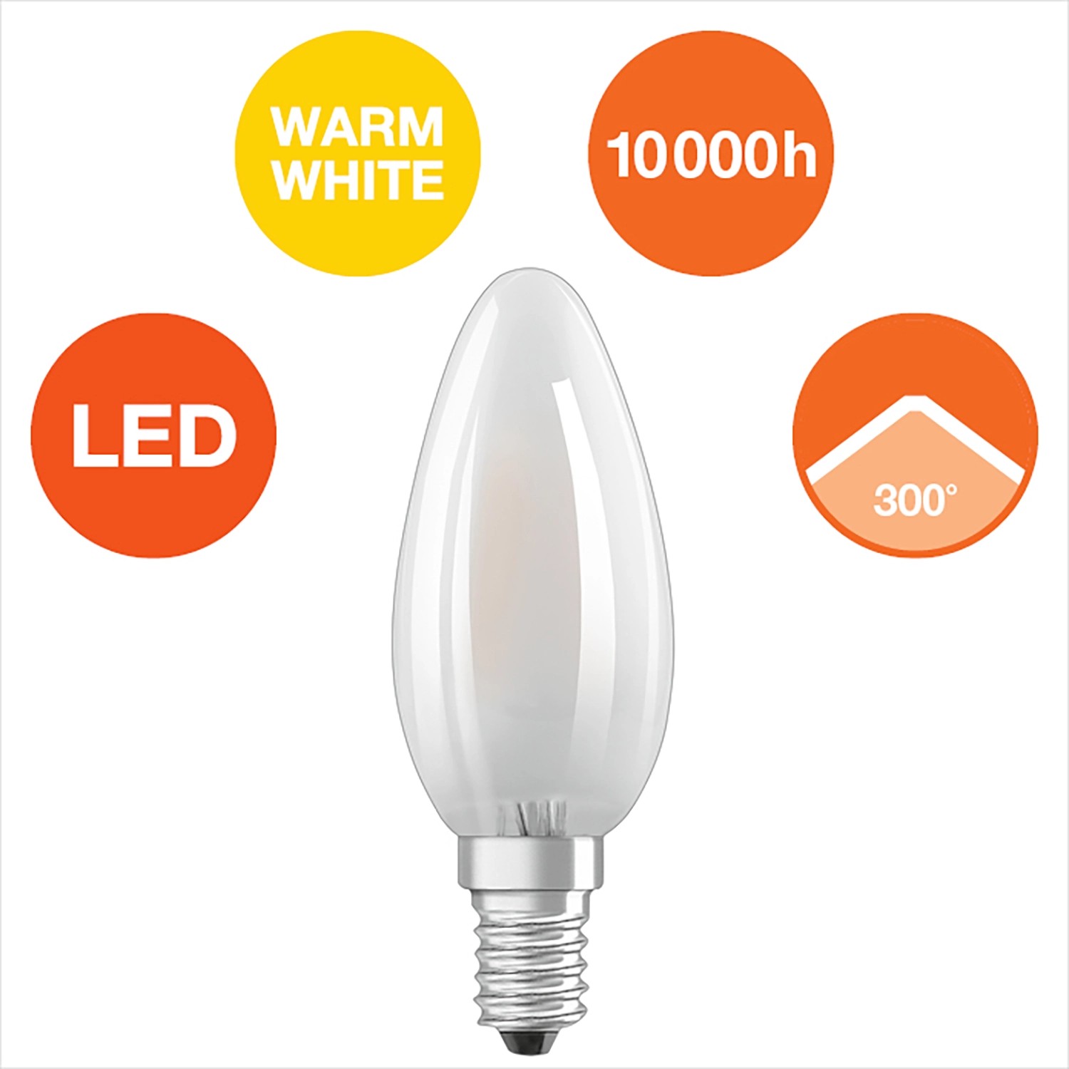 Osram LED E14 Kerzenlampe, 4W, 470lm, 5er Set. Warmweißes Licht, lange Lebensdauer.