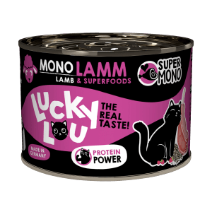 Lucky Lou Katzen-Nassfutter SuperMono² Schaf, 200g Dose. Alleinfutter mit Schaf und Superfoods für Katzen.