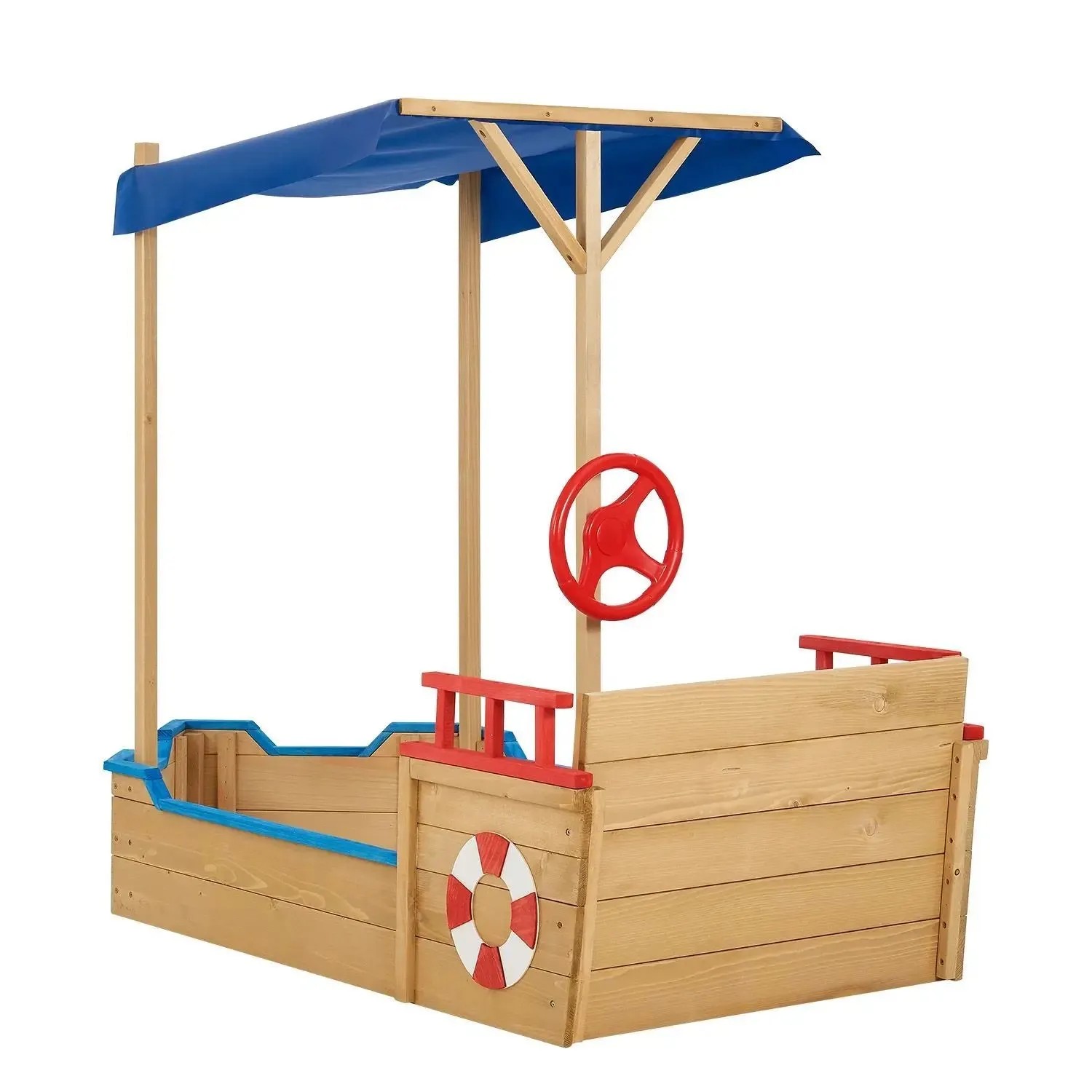 Juskys Sandkasten Käpt n Pit Piratenschiff aus Holz mit Sonnensegel und Steuerrad.
