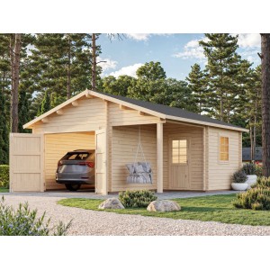 Palmako Holzgarage Roger mit Holztor, naturbelassene Fertiggarage mit Auto und Anbau.