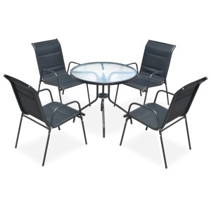Schwarze 5-tlg. vidaXL Garten-Essgruppe mit Glas-Tisch und 4 Textilene-Stühlen.