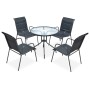 Schwarze 5-tlg. vidaXL Garten-Essgruppe mit Glas-Tisch und 4 Textilene-Stühlen.