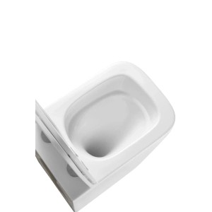 Weißes, eckiges Wand-WC mit randloser Tornado Spülung und SoftClose WC-Sitz. Ideal für moderne Bäder und Gäste-WCs.