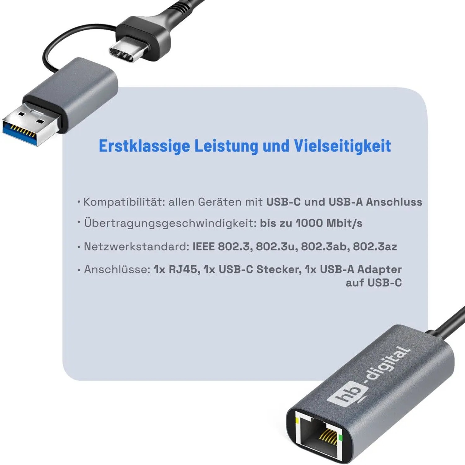 hb-digital USB-C auf Ethernet Adapter mit USB 3.0