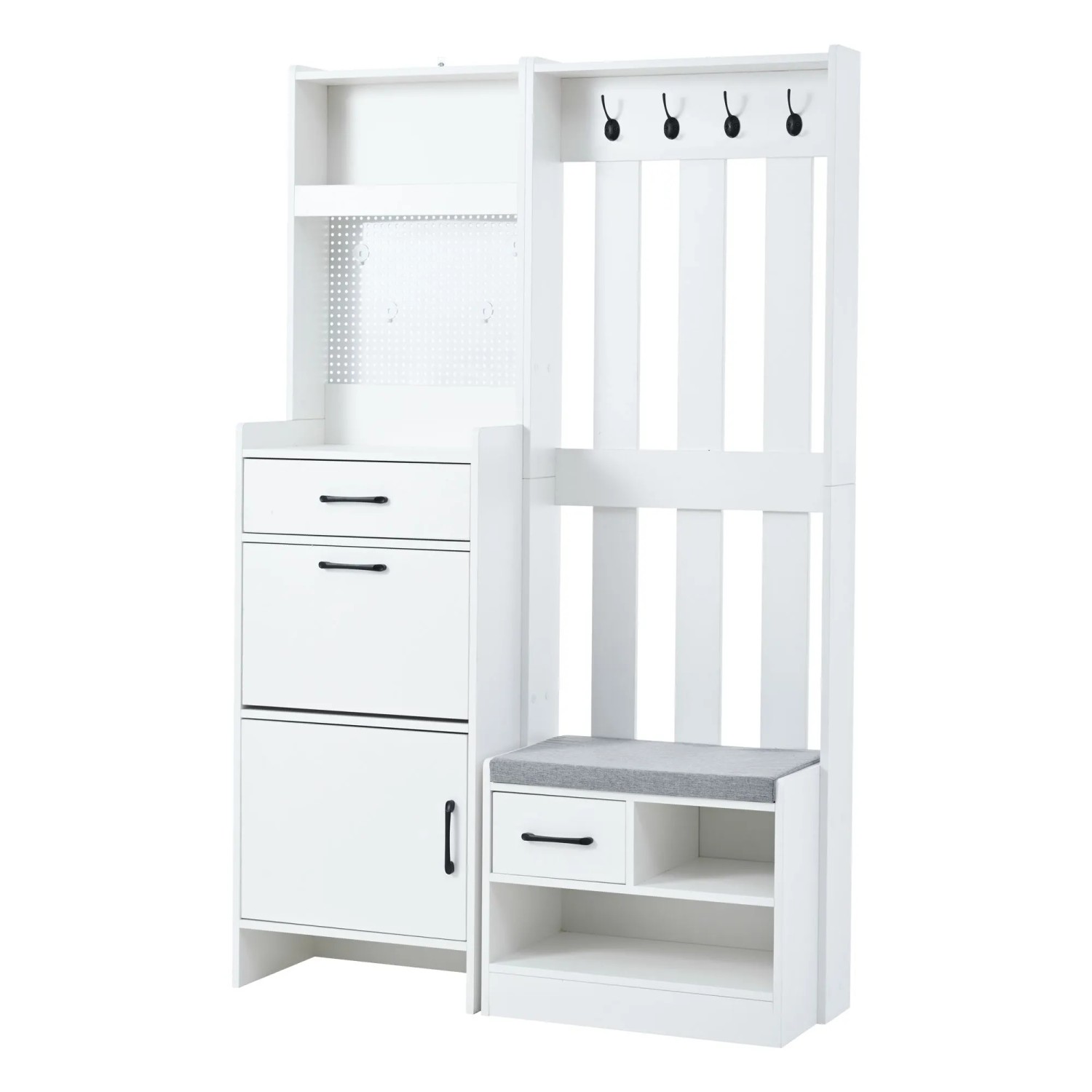 ModernLuxe Garderobe 7 in 1 mit Schuhbank 7 Haken 2 Schubladen Spanplatte Weiß